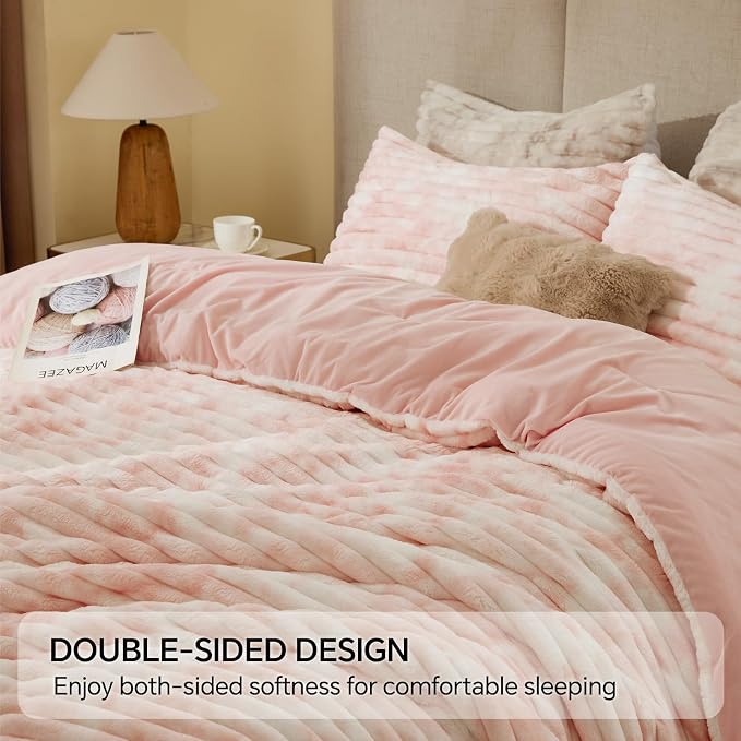 BEDELITE Fleece Queen Comforter Set -Super Soft & Warm Fluffy Pink&White Bedding - Image 5