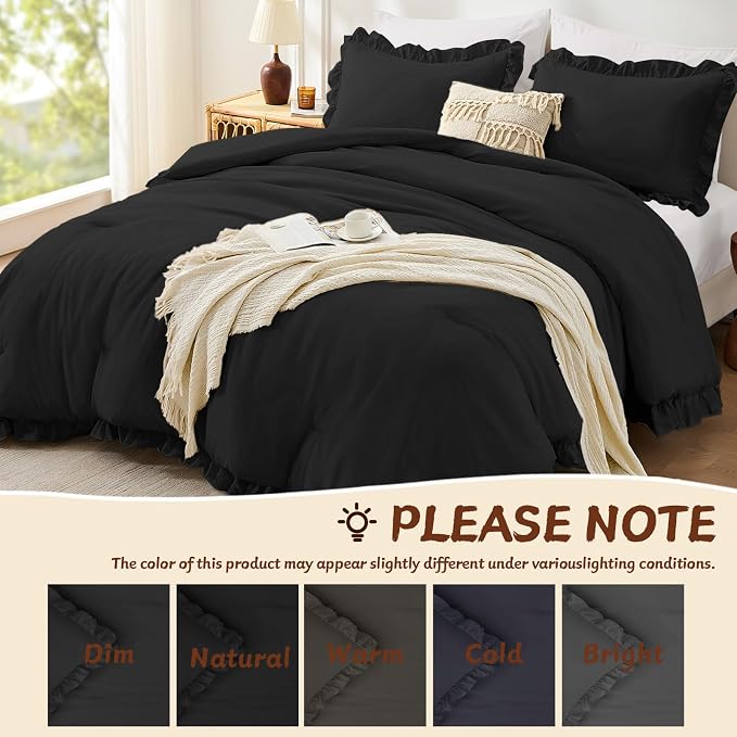 FUANNA King Size Comforter Set Black, 3 Pieces Ruffle King Bedding Set - Image 6