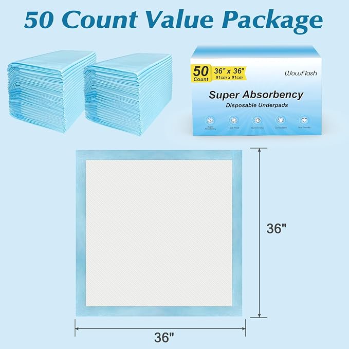 50 Count 36" x 36" Super Absorbency Disposable Underpads - Image 7