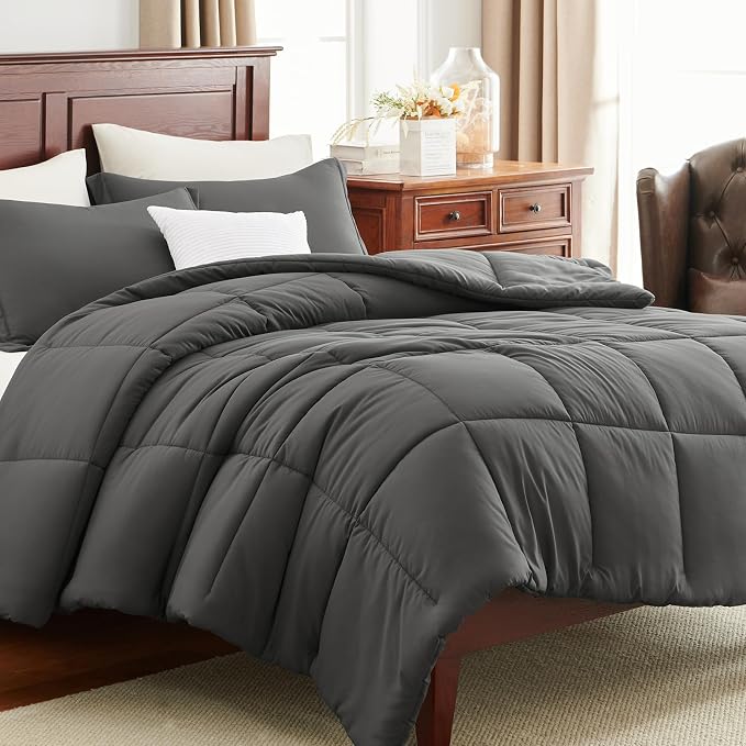 CozyLux Oversized Queen Comforter Set, 3 Pieces Dark Grey 98x98 Box Stitched - Image 9