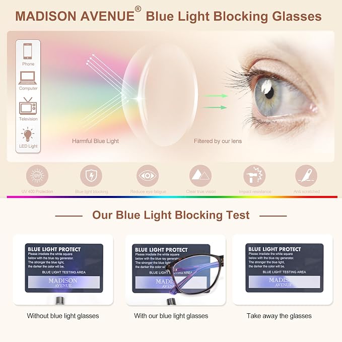 Madison Avenue Blue Light Blocking Glasses Anti Eyestrain UV Glare Blue Light - Image 4