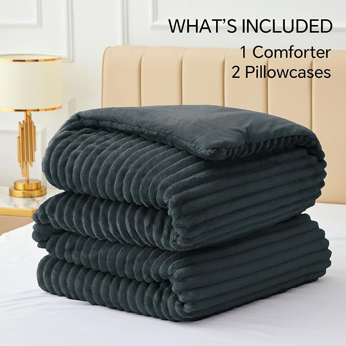 BEDELITE Fleece Queen Comforter Set -Super Soft & Warm Fluffy Dark Grey Bedding - Image 6