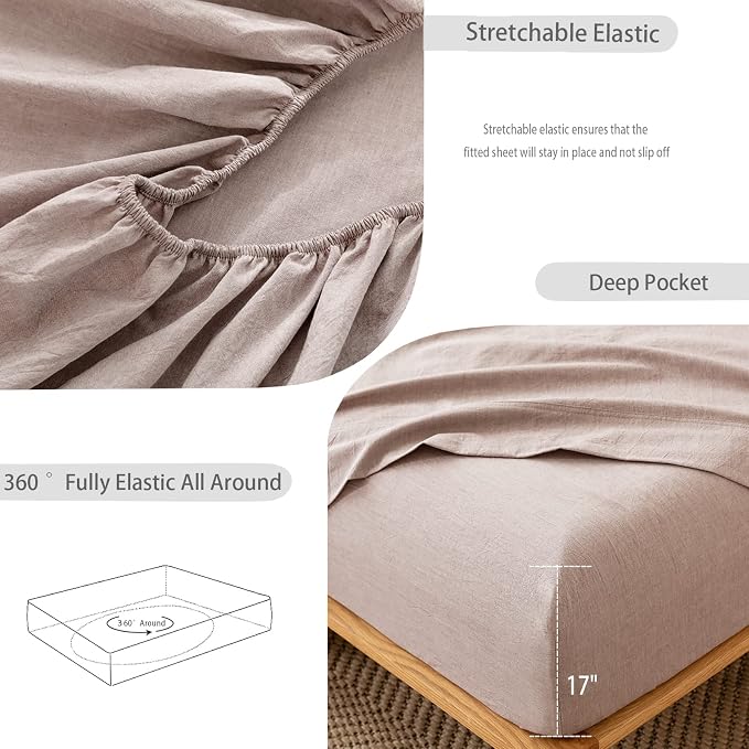 MooMee Fitted Bottom Sheet Only 100% Washed Cotton Linen Like Textured - Image 5