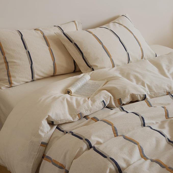 mixinni Cotton Linen Jacquard Duvet Cover Set Queen, 3-Piece Mid-Century Modern - Image 4