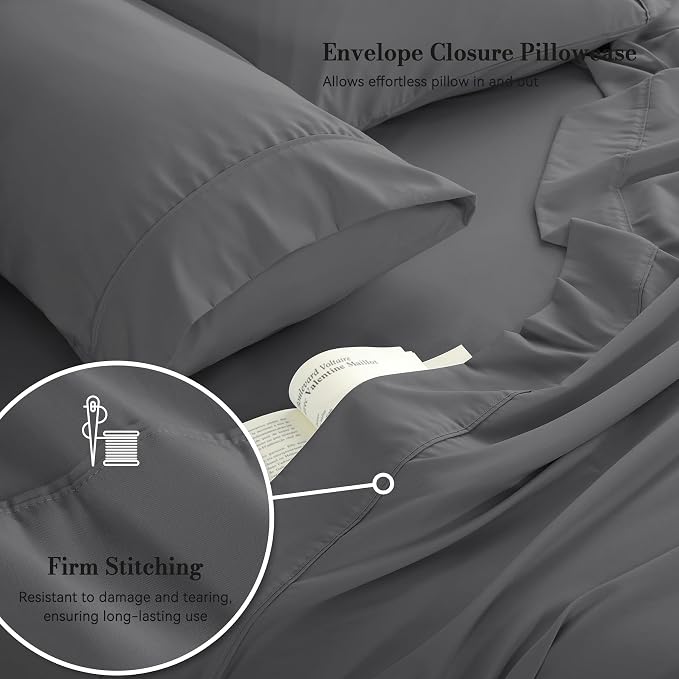 Queen Sheet Set 4 Pieces, Wrinkle Free, Oeko-Tex Certified Bedsheets，Dark Grey - Image 4