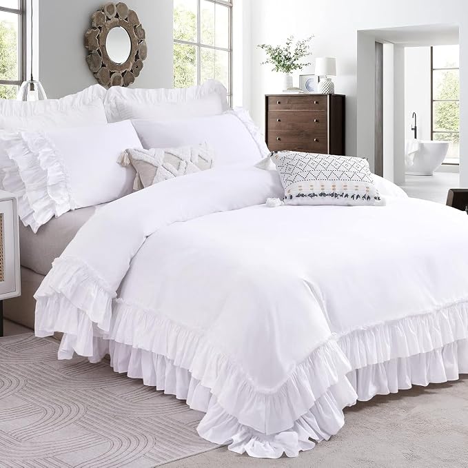 QSH Ruffle White Duvet Cover California King Size- Washed Cotton Shabby by QSH