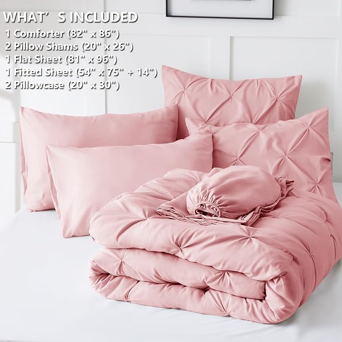 CozyLux Full Size Comforter Sets Pink, 7 Pieces Pintuck Bed in A Bag Pink - Image 6