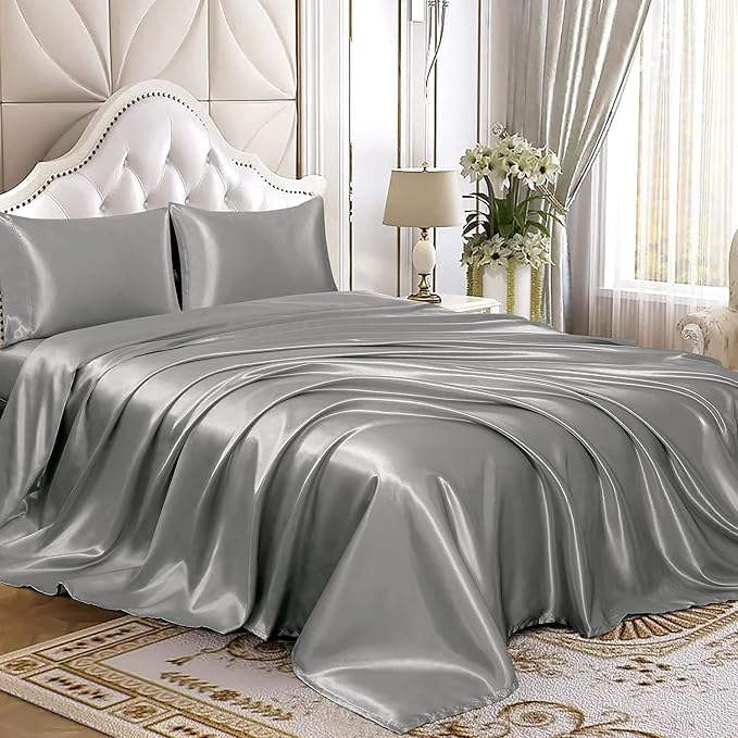 Homiest Light Grey Satin Flat Sheet King Size, Luxury & Ultra Soft Bedding - Image 4