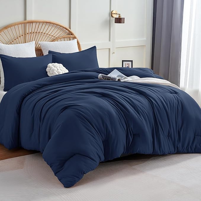 CozyLux California King Comforter Set Navy Blue, 3 Pieces Cal King Solid by CozyLux