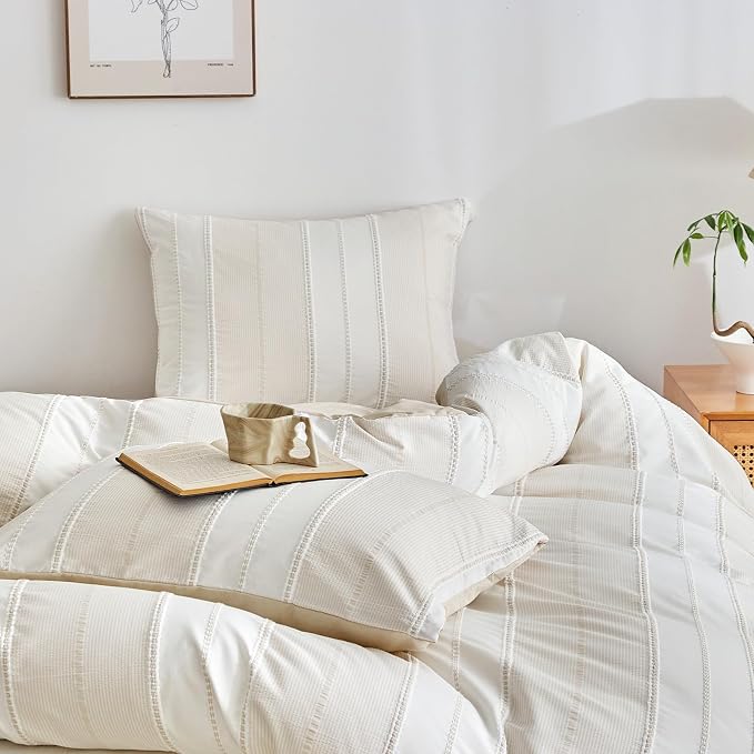 WARMDERN Khaki Striped Weave Duvet Cover King Size, Microfiber Textured Bedding - Image 7