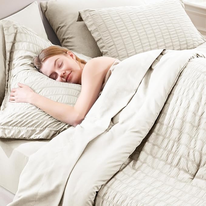 CozyLux Oversized King Comforter Set Beige Seersucker 7 Pieces 120x98 Bed in a - Image 6