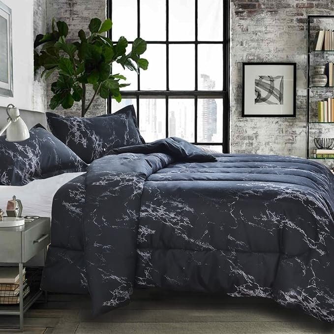 Nanko King Comforter Set, Dark Black Marble Print 104 x 90 inch Reversible Down - Image 2