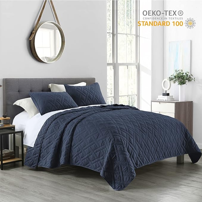 HORIMOTE HOME Quilt Set King Size Navy Blue, Classic Geometric Diamond Stitched - Image 2
