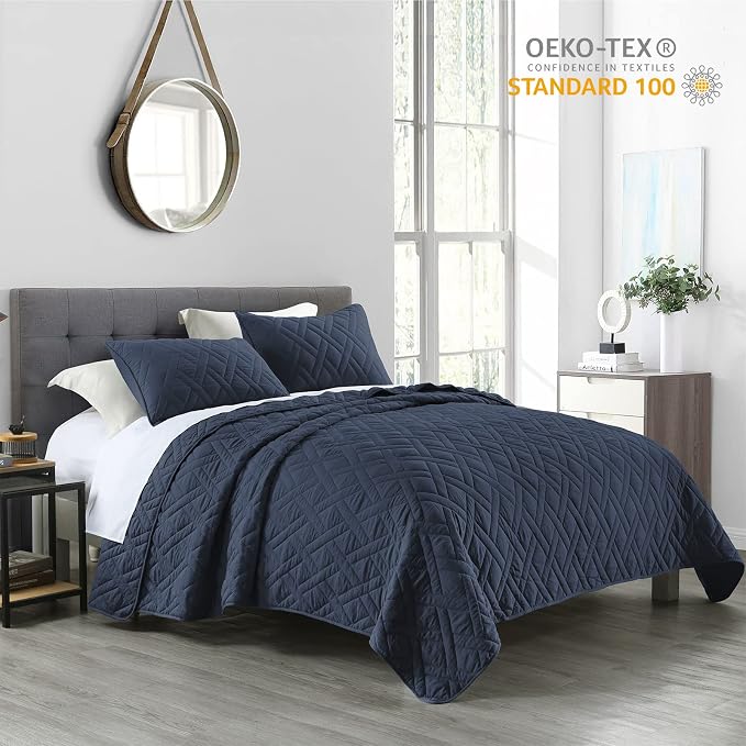 HORIMOTE HOME Quilt Set Twin Size Navy Blue, Classic Geometric Diamond Stitched - Image 2
