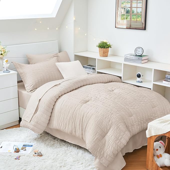 HYMOKEGE Beige Twin XL Comforter Set Seersucker 5 Pieces, All Season Luxury Bed by HYMOKEGE