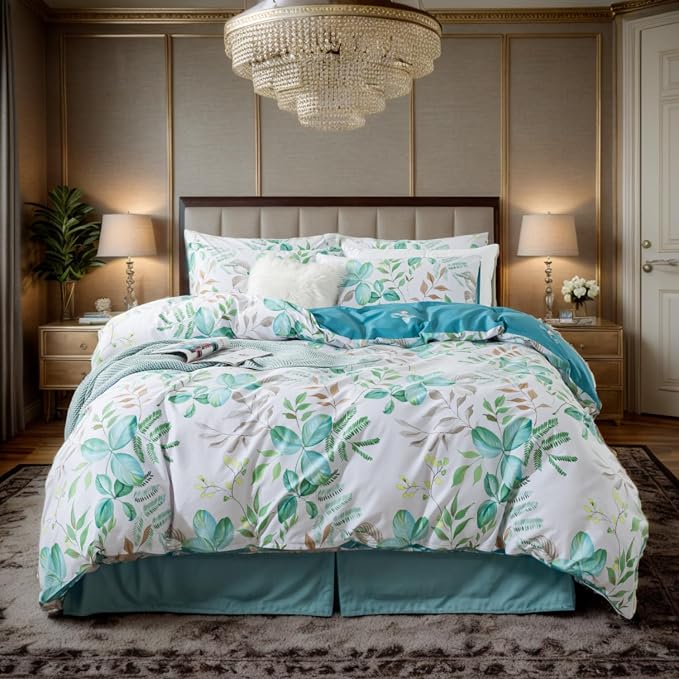 FADFAY Botanical Duvet Cover Sets King/Cal King Size 100% Cotton Teal Green - Image 9