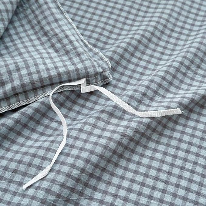 PinkMemory Blue Gingham Duvet Cover Set Queen 100% Washed Cotton Plaid - Image 7