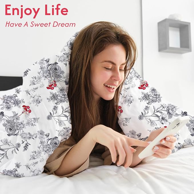 LONAVA Queen Flower 3 Pcs Duvet Cover Set, Breathable Soft Microfiber White - Image 4