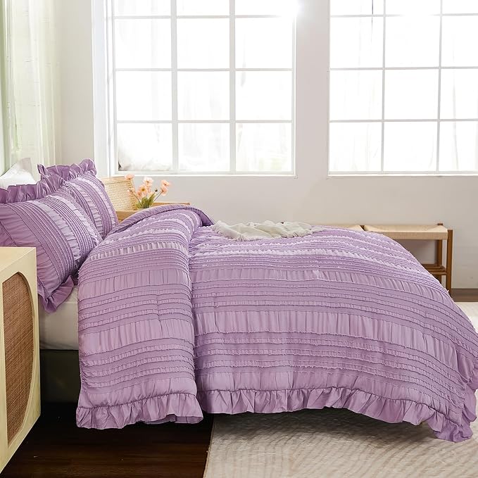 WONGS BEDDING Purple Comforter Set King, 3 Pieces Ruffle Farmhouse Shabby Chic - Image 3