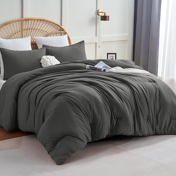 CozyLux Oversized Queen Comforter Set Dark Grey, 3 Pieces 98x98 Solid - Image 9