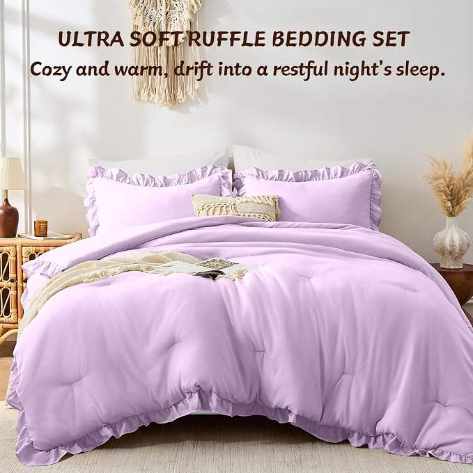 FUANNA Queen Comforter Set Lavender, 3 Pieces Ruffle Queen Bed Set, Fluffy Bed - Image 4