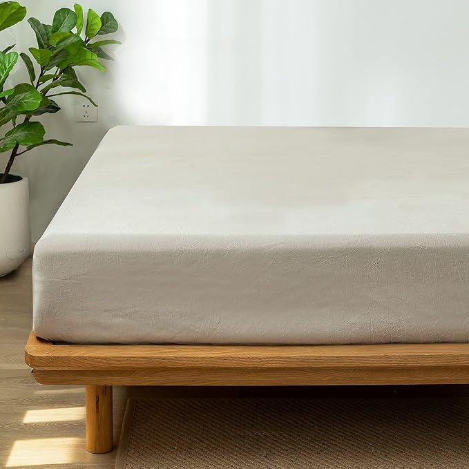 MooMee Fitted Bottom Sheet Only 100% Washed Cotton Linen Like Textured - Image 3