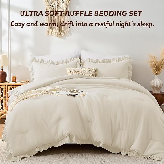 FUANNA Queen Comforter Set Cream White, 3 Pieces Ruffle Queen Bed Set, Fluffy - Image 4