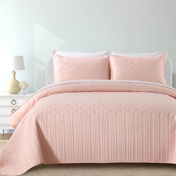 Yiran Blush Pink Quilt Set Queen Size, 3 Piece Reversible Bedspreads Bedding Set by Yiran