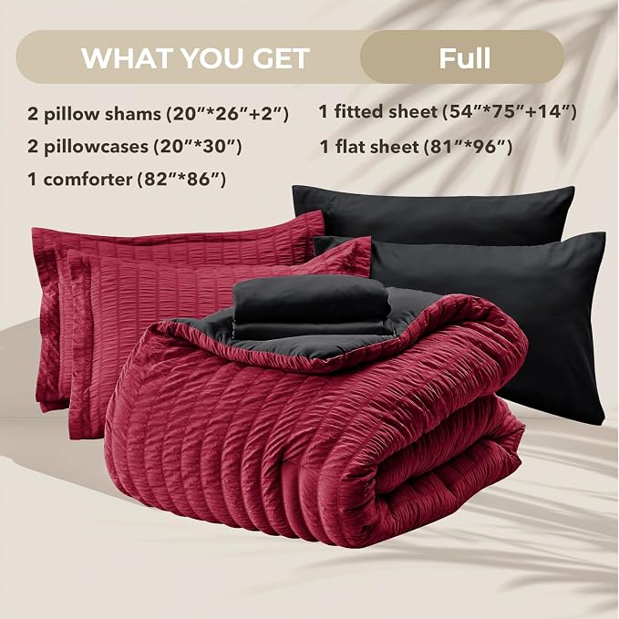 HYMOKEGE Red & Black Full Size Comforter Sets Seersucker 7 Pieces, All Season - Image 6