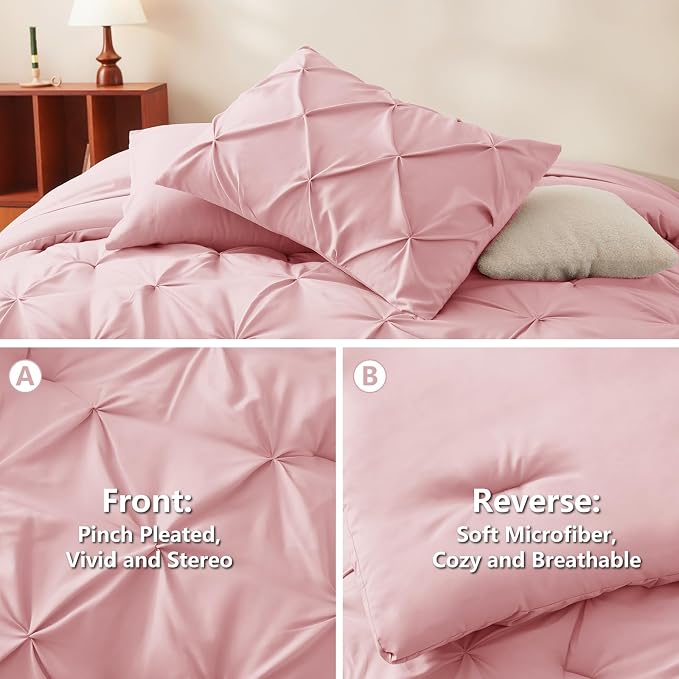 CozyLux Queen Comforter Set Pink, 7 Pieces Pintuck Bed in A Bag, Premium Pink - Image 3