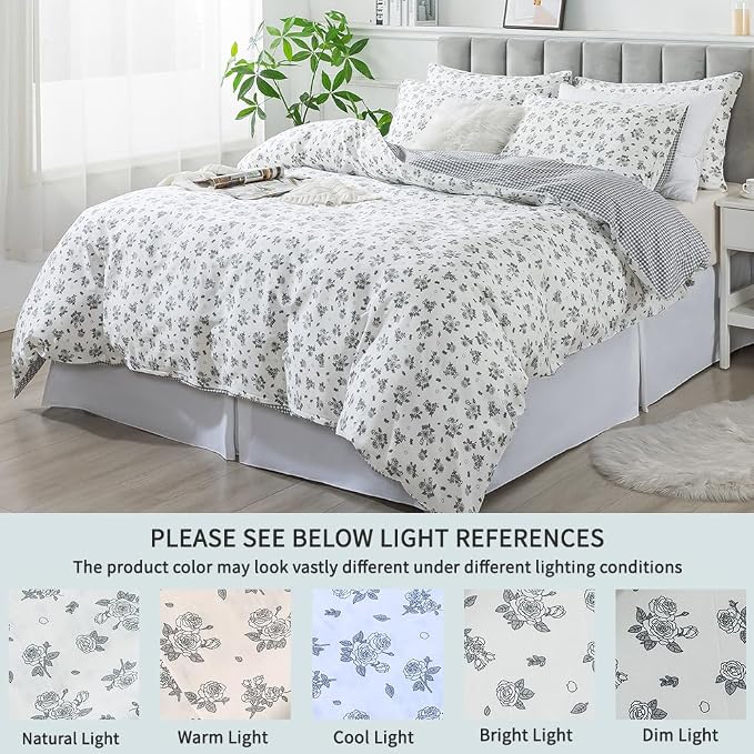 FADFAY Floral Duvet Cover Set King/Cal King Size 100% Cotton Grey White Flower - Image 5