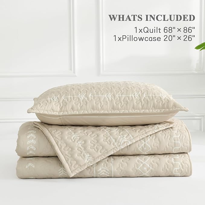 Andency Beige Twin Quilt Set, 2 Pieces Boho Lightweight Soft Striped Bedspread - Image 7
