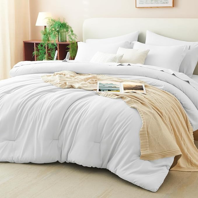 CozyLux Queen Comforter Set White, 7 Pieces Bed in a Bag Queen Comforter Set by CozyLux