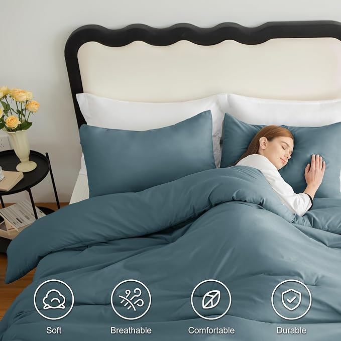 CozyLux Full Size Comforter Set Mineral Blue, 3 Pieces Solid Breathable Quilted - Image 5
