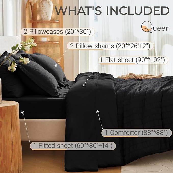 MUXHOMO 7 Pieces Queen Comforter Set, Seersucker Bed in a Bag Queen Size - Image 4