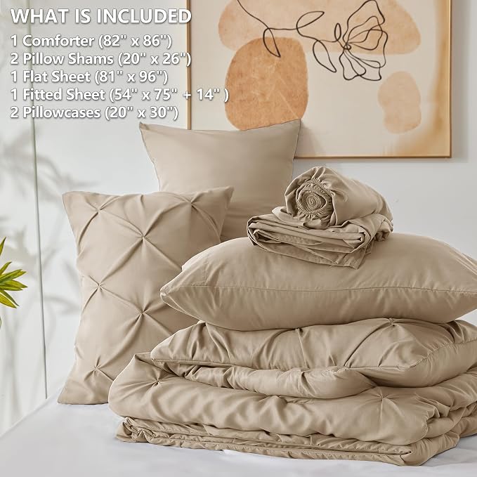 CozyLux Full Size Comforter Sets Taupe, 7 Pieces Pintuck Bed in A Bag Taupe - Image 6
