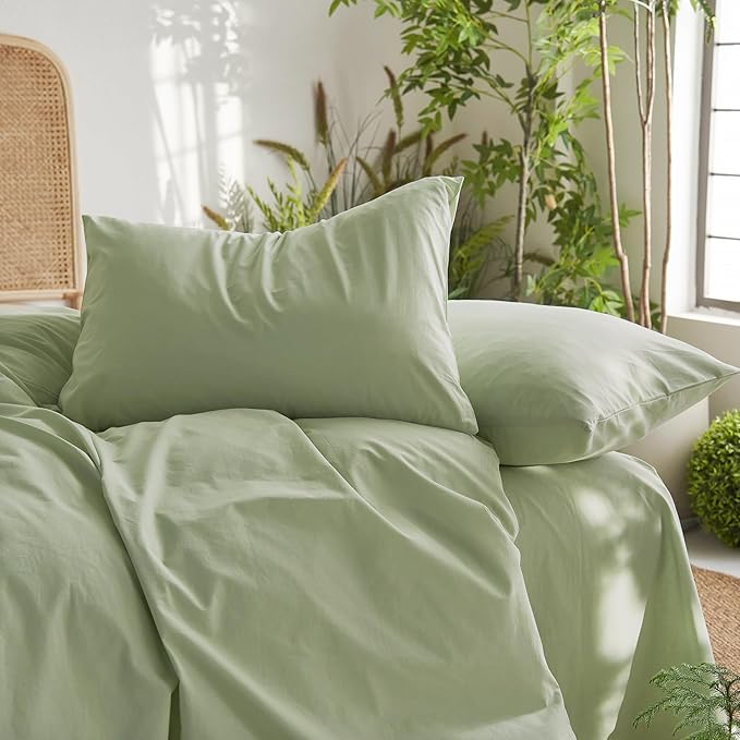 Wake In Cloud - Cotton Duvet Cover Set, King Size, Sage Green, 100% Washed - Image 5