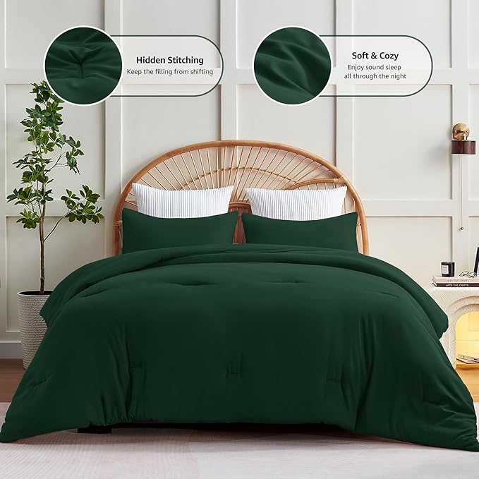 CozyLux Full Size Comforter Set Emerald Green, 3 Pieces Solid Breathable - Image 3