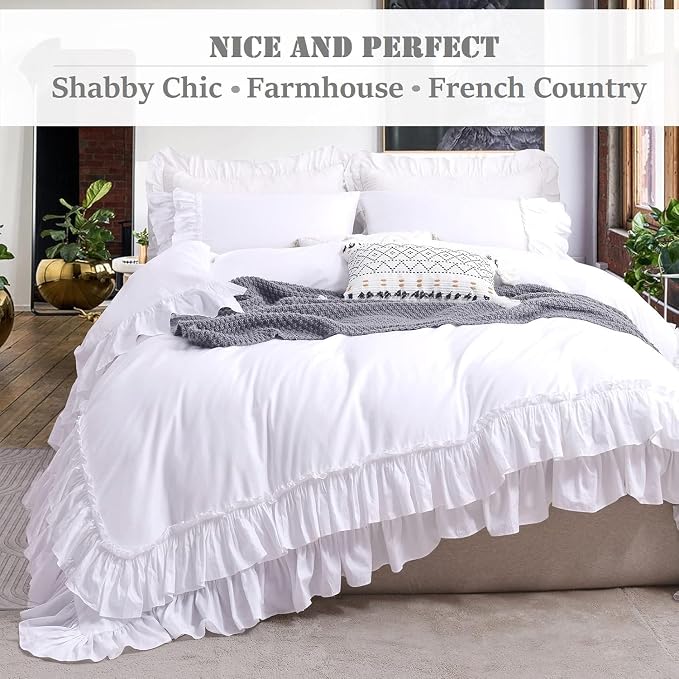 QSH Ruffle White Duvet Cover California King Size- Washed Cotton Shabby - Image 2