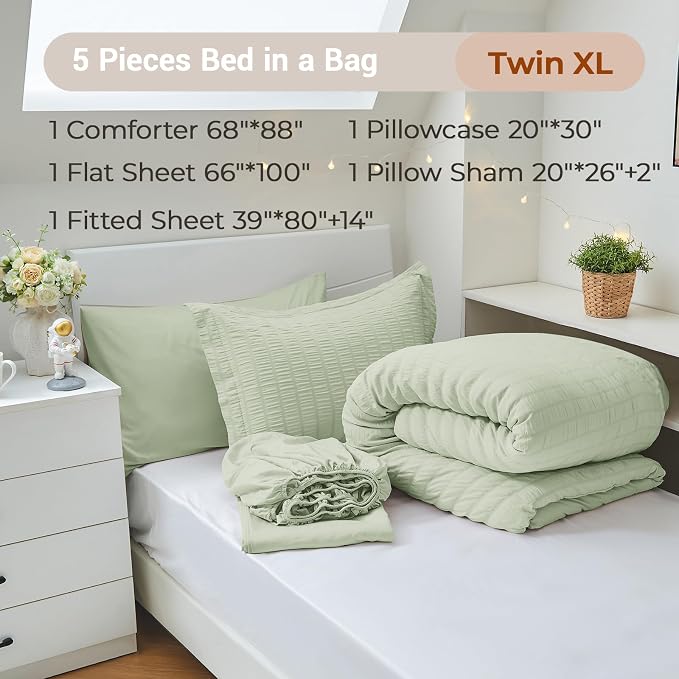 MUXHOMO 5 Pieces Twin XL Comforter Set, Seersucker Bed in a Bag Twin XL Size - Image 4