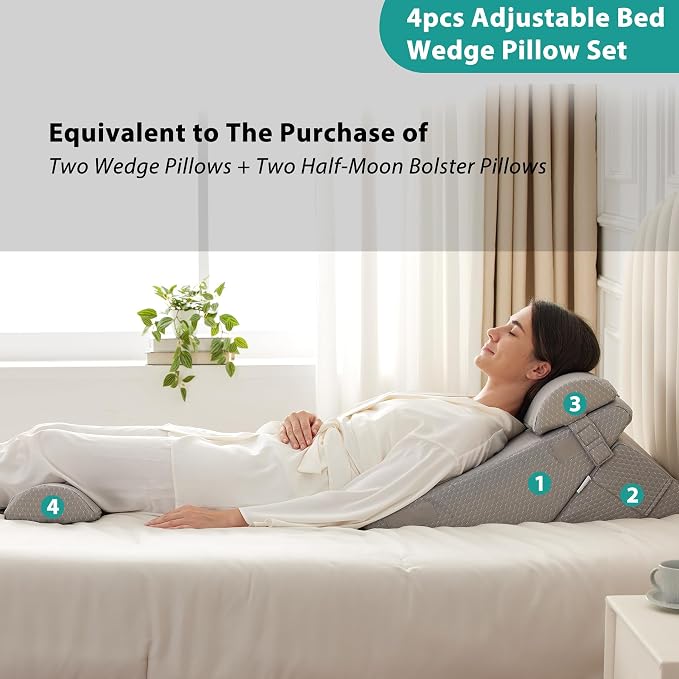 Bedluxe Adjustable 4pcs Bed Wedge Pillow Set, Memory Foam Wedge Pillows Post - Image 7
