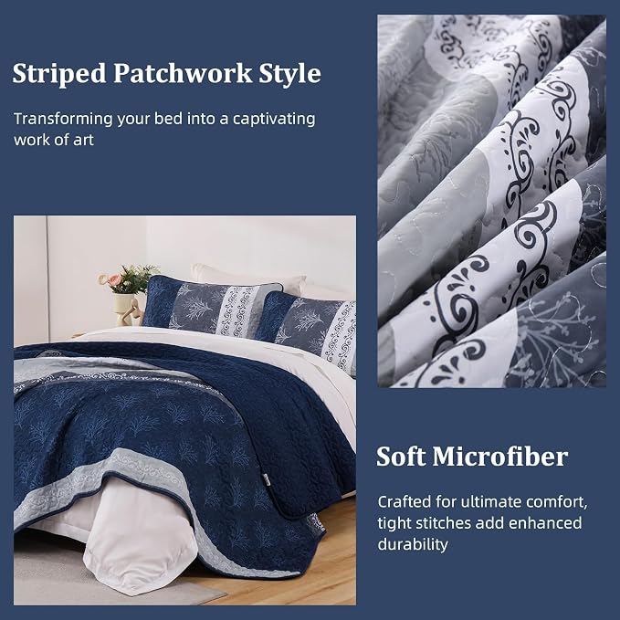 DJY Stripe Quilt Set Queen Size Navy Blue Bedspread Coverlet Set 3 Pieces Boho - Image 7