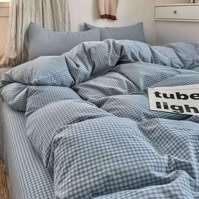PinkMemory Blue Gingham Duvet Cover Set Queen 100% Washed Cotton Plaid - Image 3