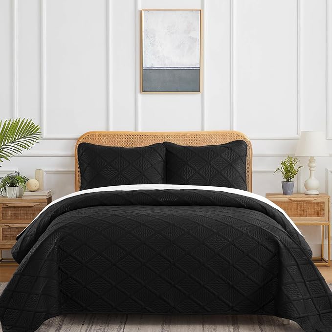 Yiran Quilt Queen Size Bedding Set Black Bedspreads Embossed Diamond Pattern - Image 2