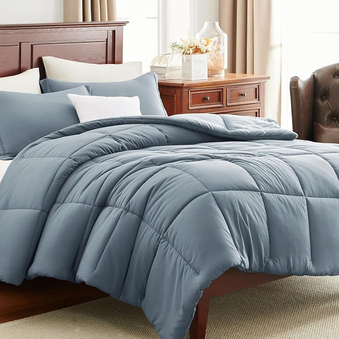 CozyLux Oversized Queen Comforter Set, 3 Pieces Grayish Blue 98x98 Box Stitched - Image 9