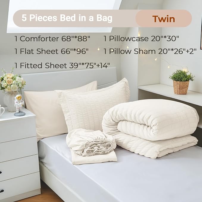 MUXHOMO 5 Pieces Twin Comforter Set, Seersucker Bed in a Bag Twin Size - Image 4
