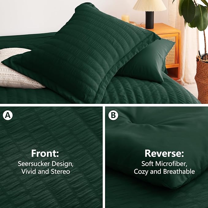 CozyLux Queen Comforter Set Emerald Green Seersucker 7 Pieces Bed in a Bag - Image 4