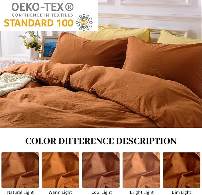 NEXHOME PRO Terracotta Burnt Orange Duvet Cover Set Kids Twin Size Linen Look - Image 2
