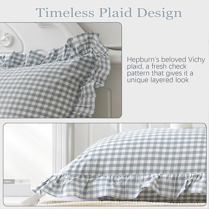 Blue White Plaid Ruffled Body Pillow Sham Washed Cotton Shabby Checkered - Image 6