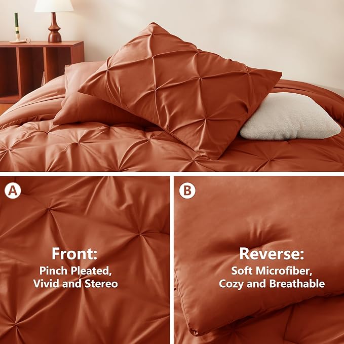 HIMEET Pintuck Bed in a Bag, 7 Pieces Queen Size Comforter Set Burnt Orange - Image 3